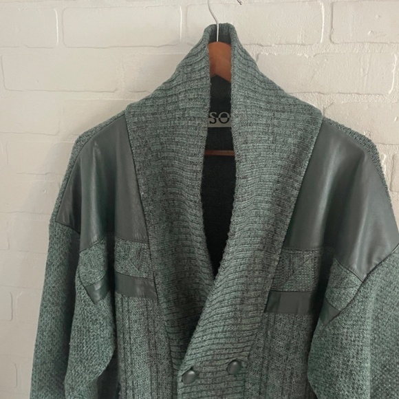 Vintage Men’s Knit Cardigan Shawl Double breast Wool Green Grandpa Oversized M - Picture 11 of 15